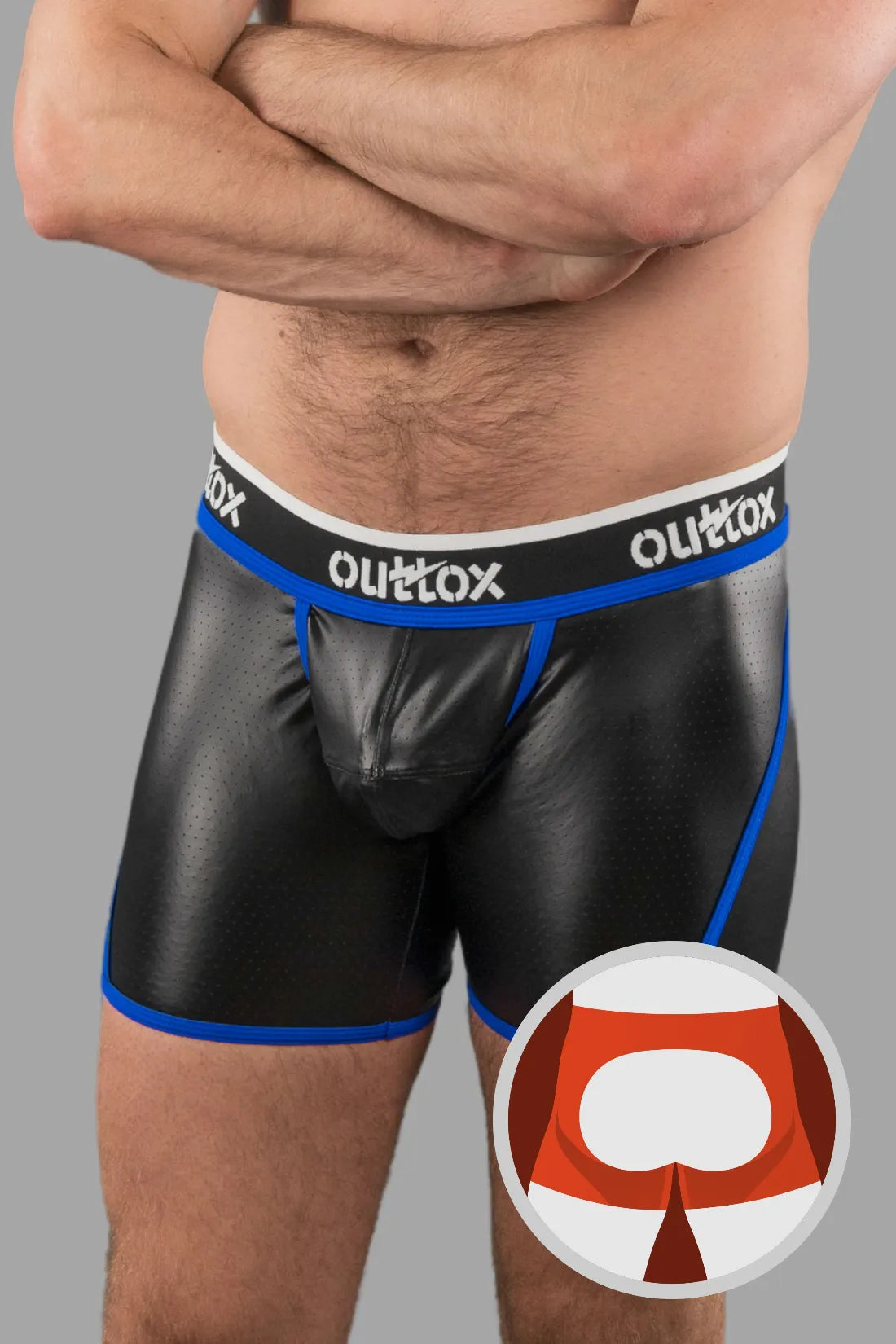 Outtox. Open Rear Shorts with Snap Codpiece. Blue