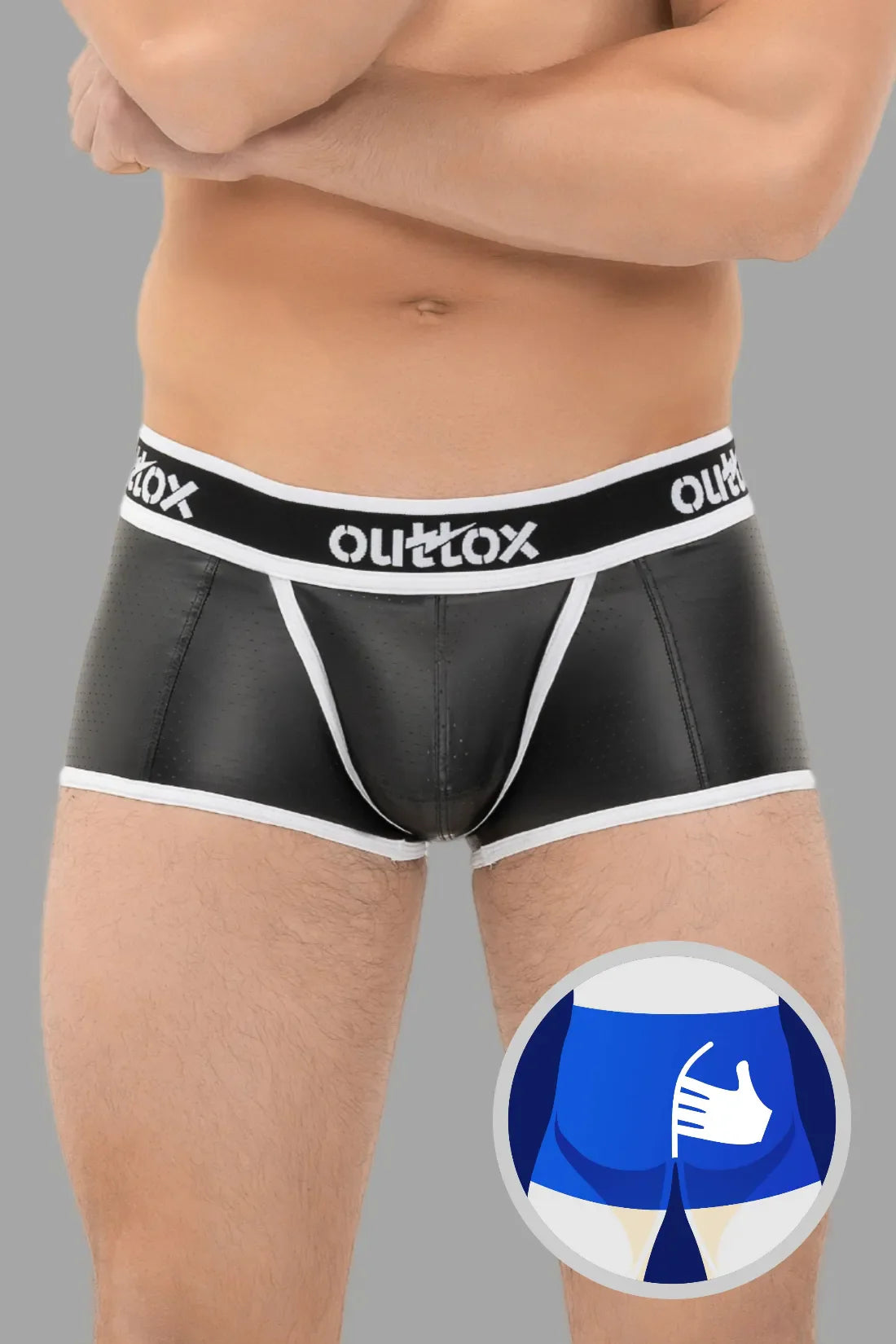 Outtox. Shorts de tronco traseiro enrolado com braguilha de pressão. Preto e branco