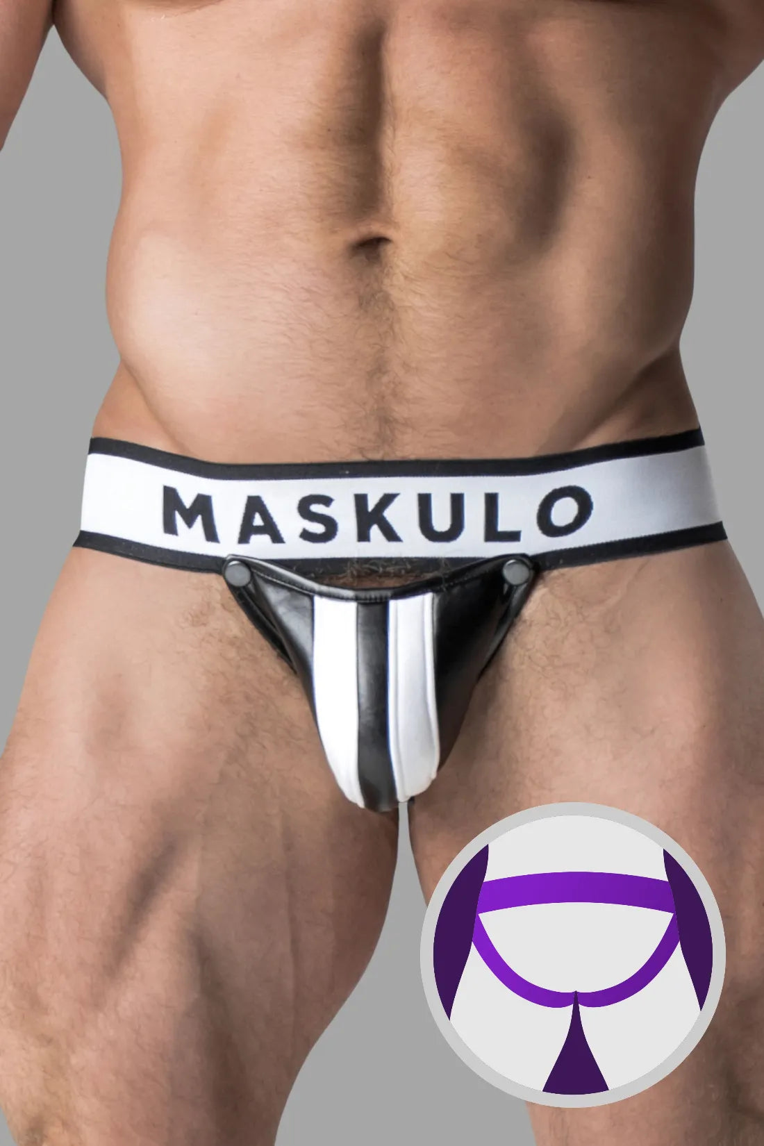 Armored. Suspensorio fetiche para hombre. Codpiece desmontable. Blanco y Negro