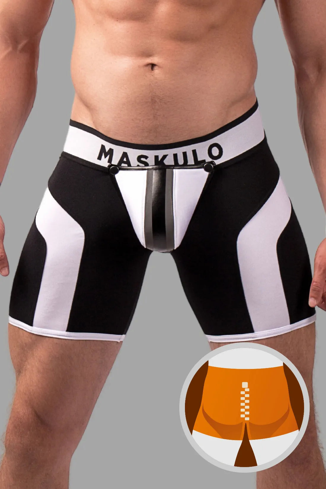 Youngero. Shorts de Ciclismo Fetish Masculino. Tapa-sexo. Zíper Traseiro. Preto e Branco 'Neon'