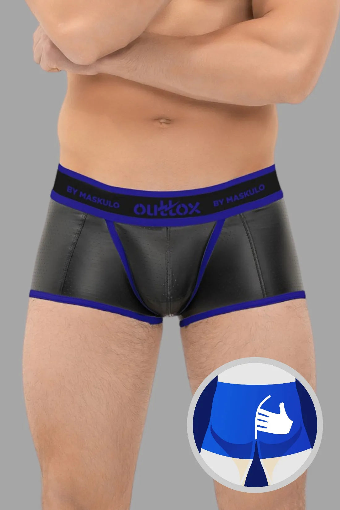 Outtox. Shorts de tronco traseiro enrolado com braguilha de pressão. Preto e azul 'Royal'