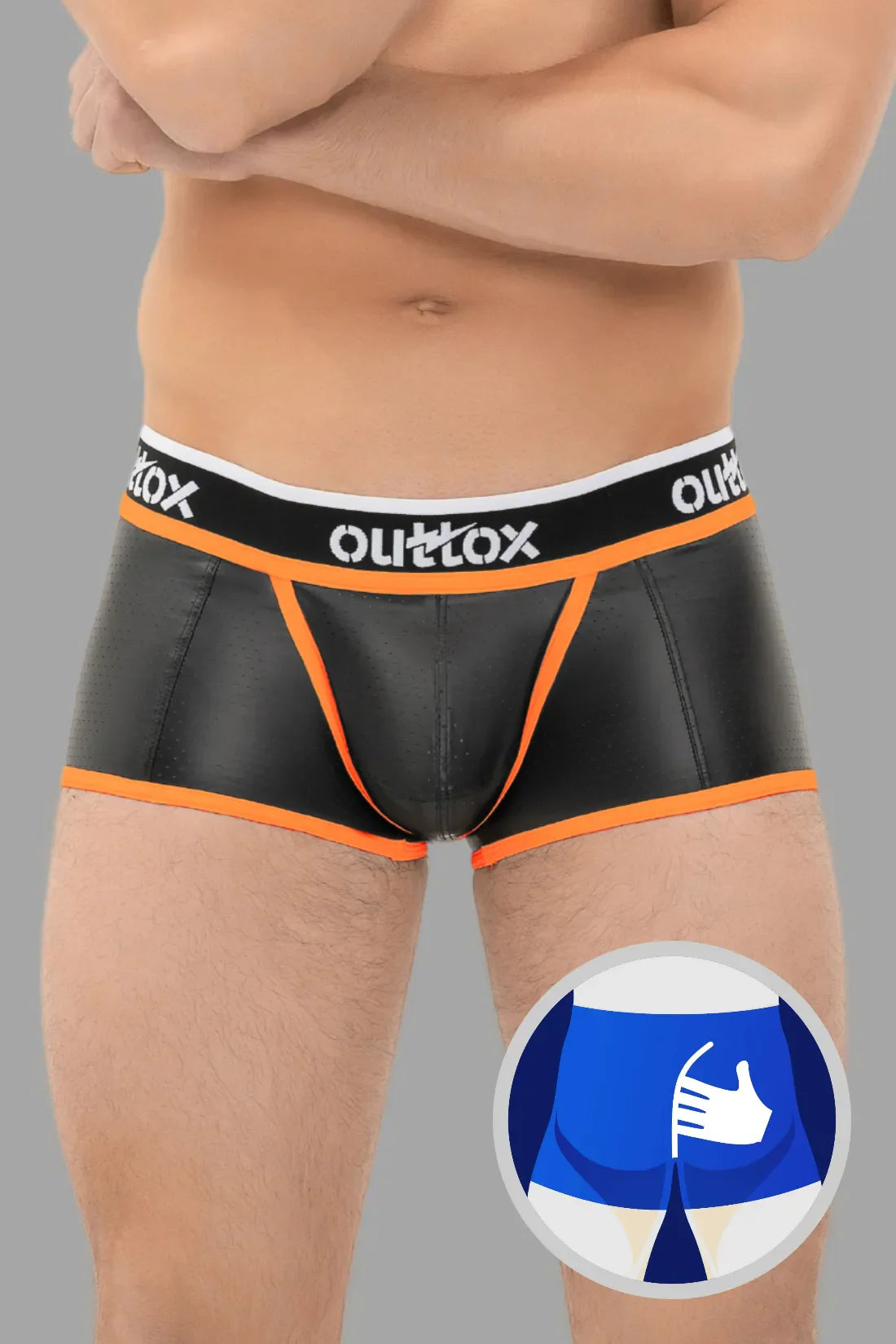 Outtox. Wrapped Rear Trunk Shorts with Snap Codpiece. Black & Orange