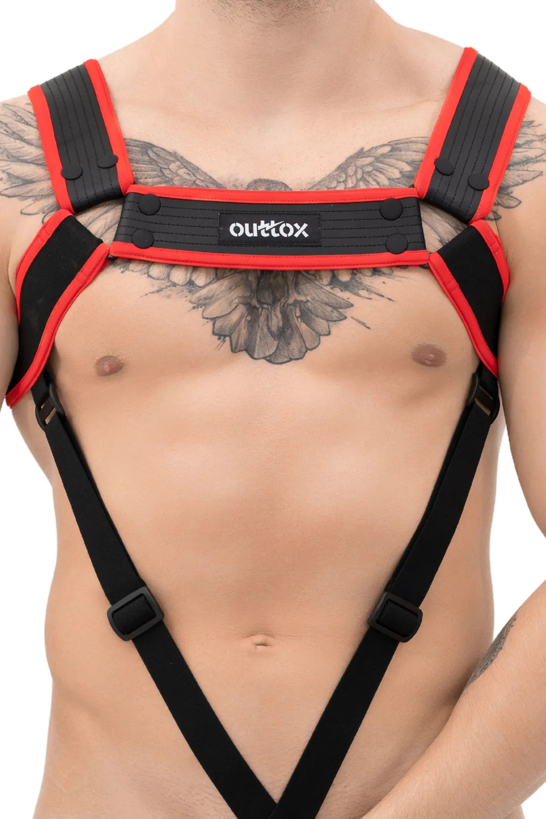 Outtox. Arnés corporal con broches. Negro y rojo