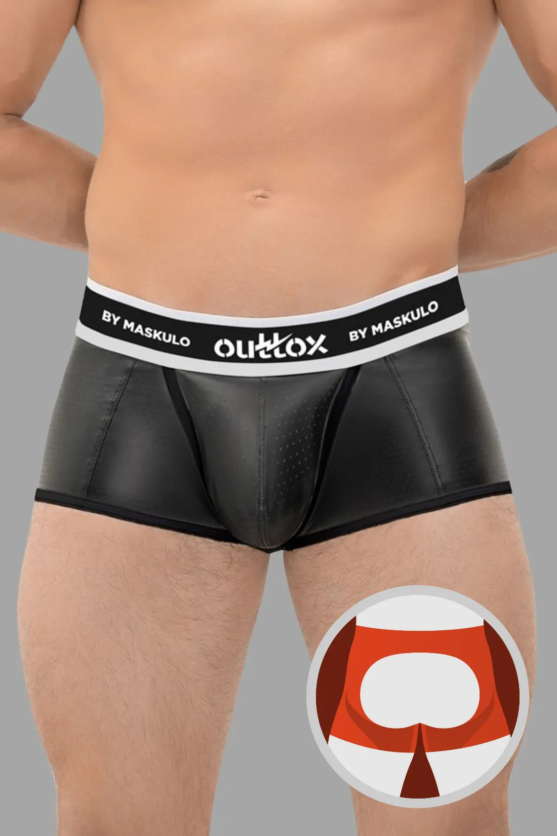 Outtox by microvisualservices. Open Rear Trunk Shorts with Snap Codpiece. Black