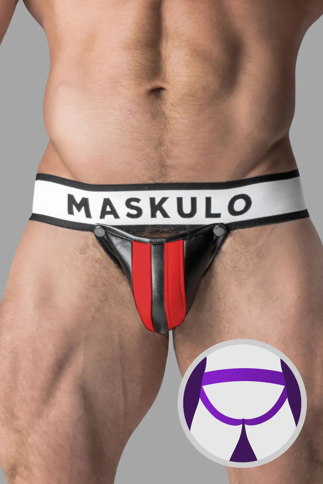 Armored. Men's Fetish Jock. Detachable Codpiece. Black & Red