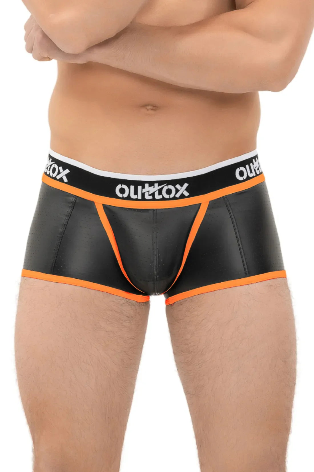 Outtox. Wrapped Rear Trunk Shorts with Snap Codpiece. Black & Orange