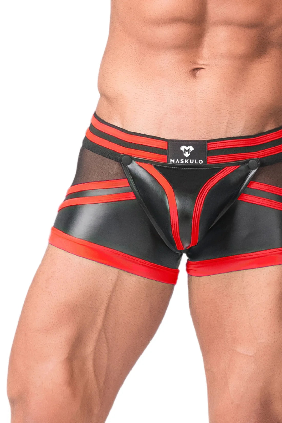 Youngero Generation Y. Shorts de tronco masculino. Codpiece. Zíper traseiro. Preto e vermelho