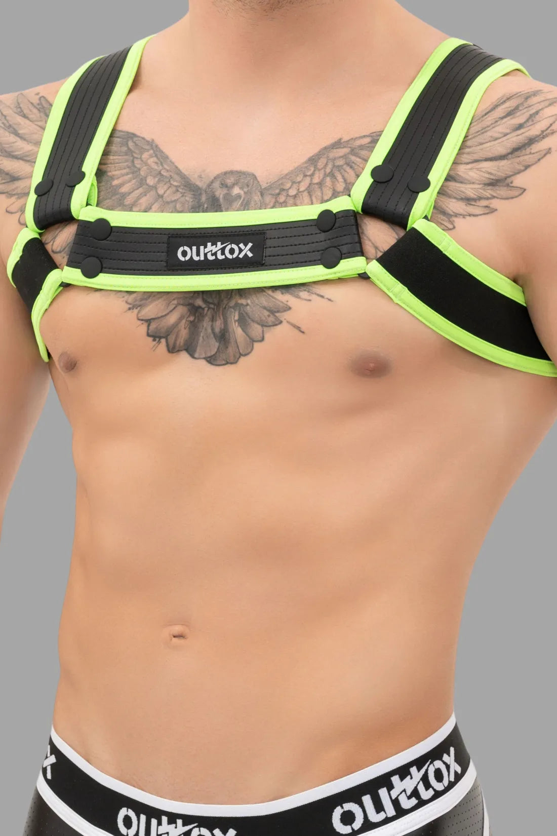 Outtox. Bulldog Harness with Snaps. Black & Green 'Neon'