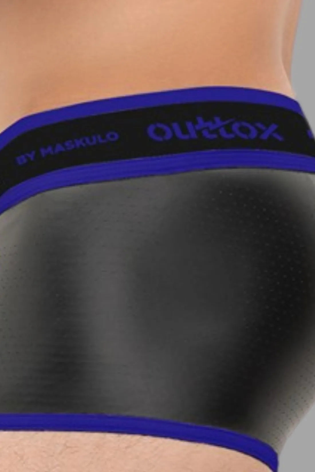 Outtox. Shorts de tronco traseiro enrolado com braguilha de pressão. Preto e azul 'Royal'