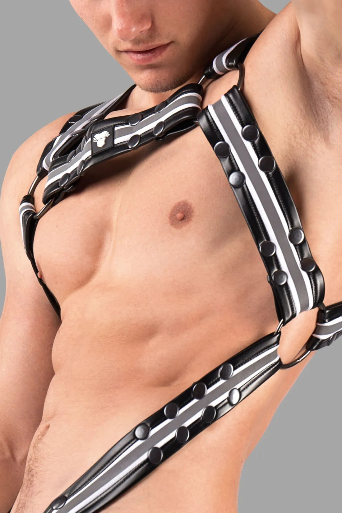 Youngero. Men's Fetish Body Harness. Black & White 'Neon'