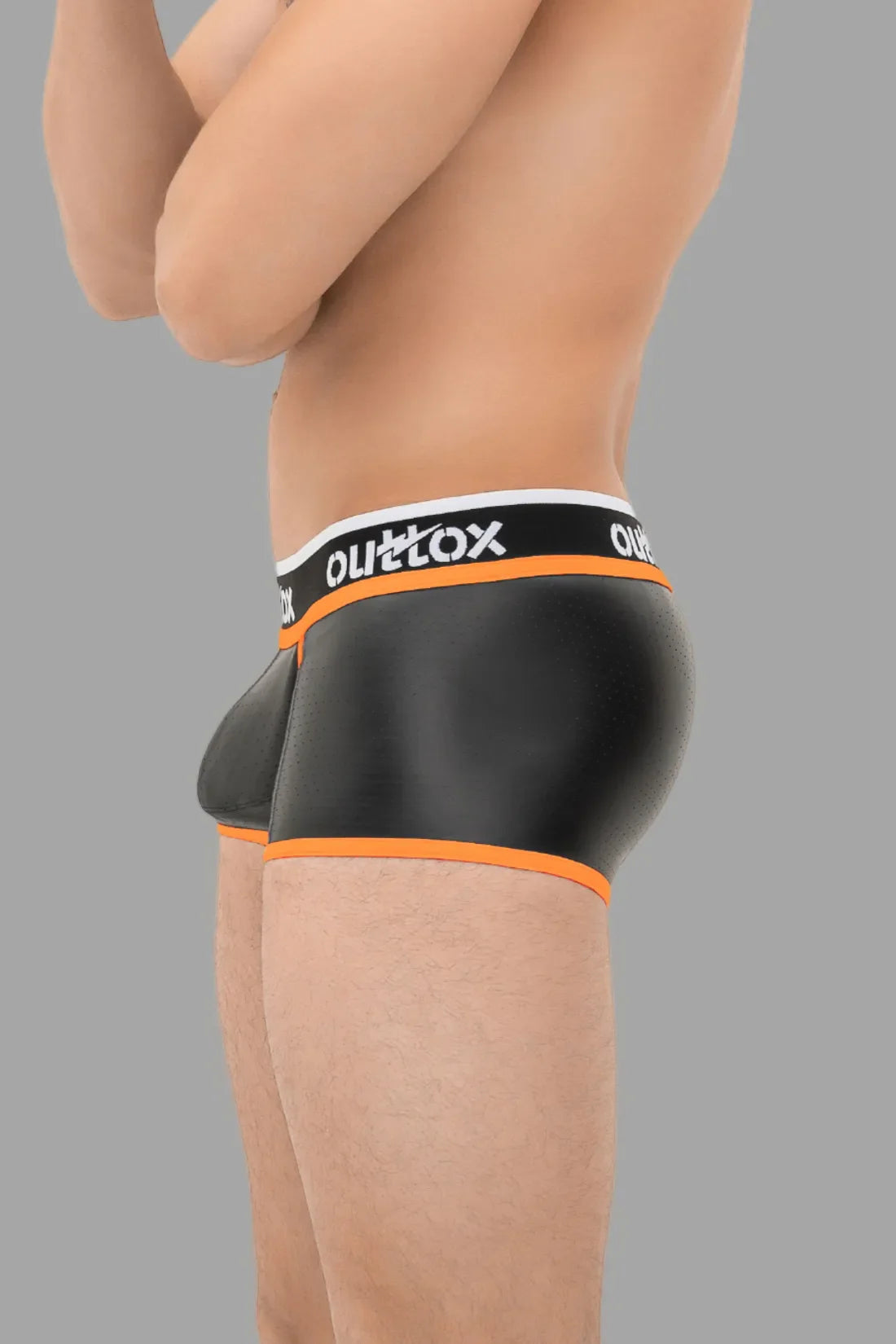 Outtox. Wrapped Rear Trunk Shorts with Snap Codpiece. Black & Orange