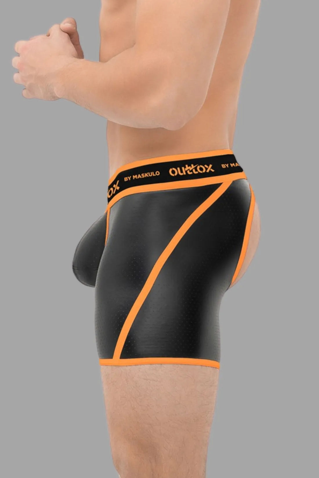 Outtox. Open Rear Shorts with Snap Codpiece. Black & Orange