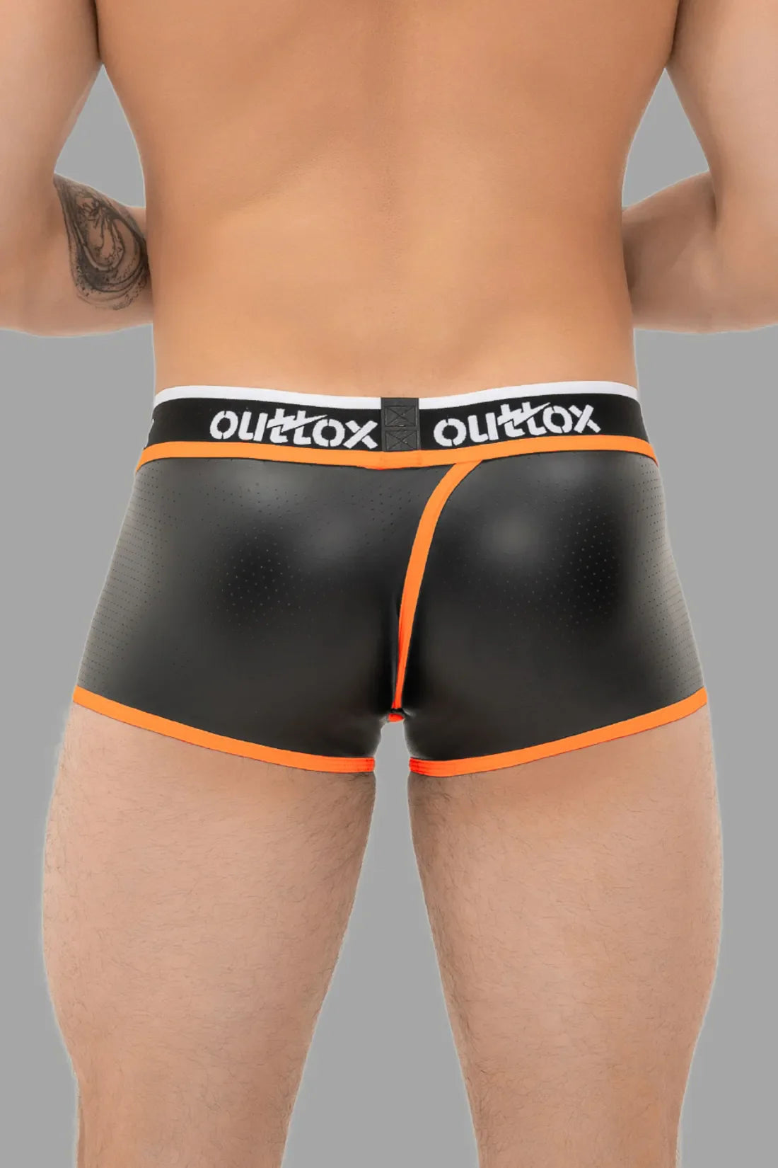 Outtox. Wrapped Rear Trunk Shorts with Snap Codpiece. Black & Orange