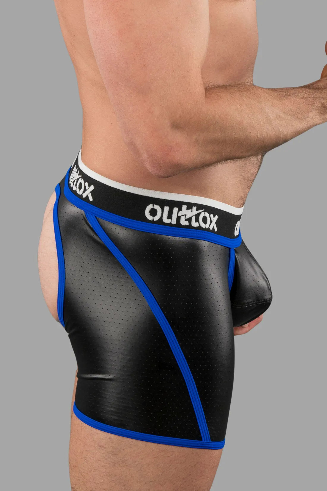 Outtox. Open Rear Shorts with Snap Codpiece. Blue