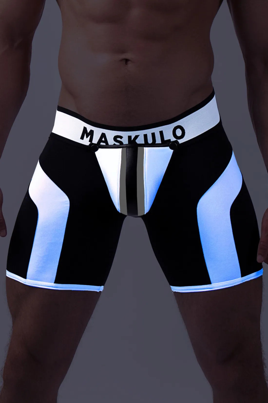 Youngero. Men's Fetish Cycling Shorts. Codpiece. Zipped Rear. Black & White 'Neon'