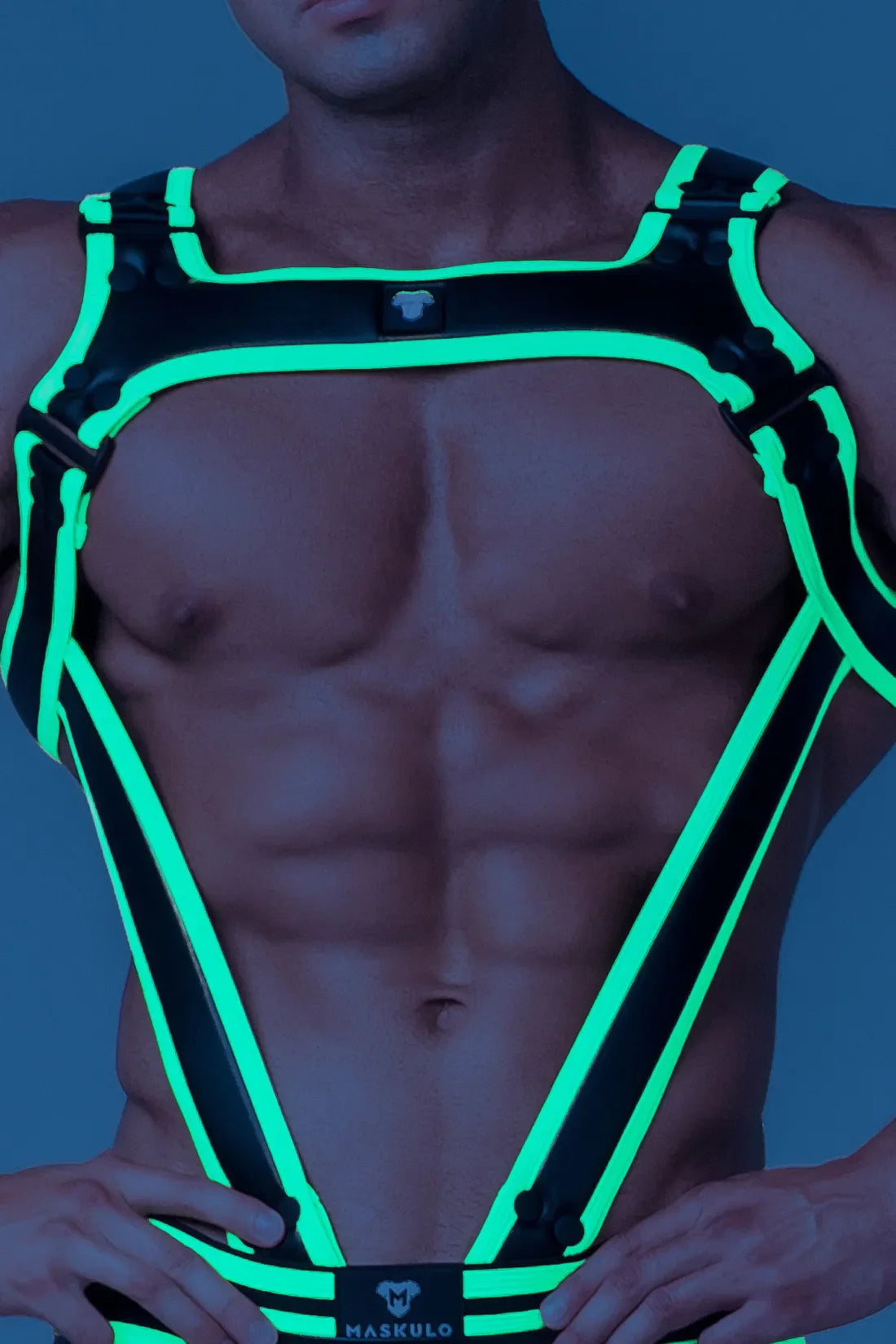 Youngero. Arnês de corpo masculino. Preto e verde 'Neon'