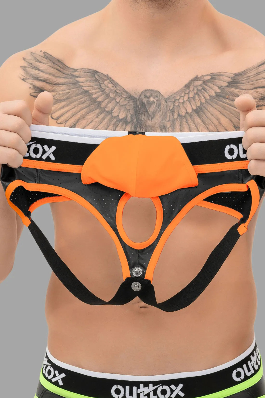 Outtox. Jock com Snap Codpiece. Preto e Laranja