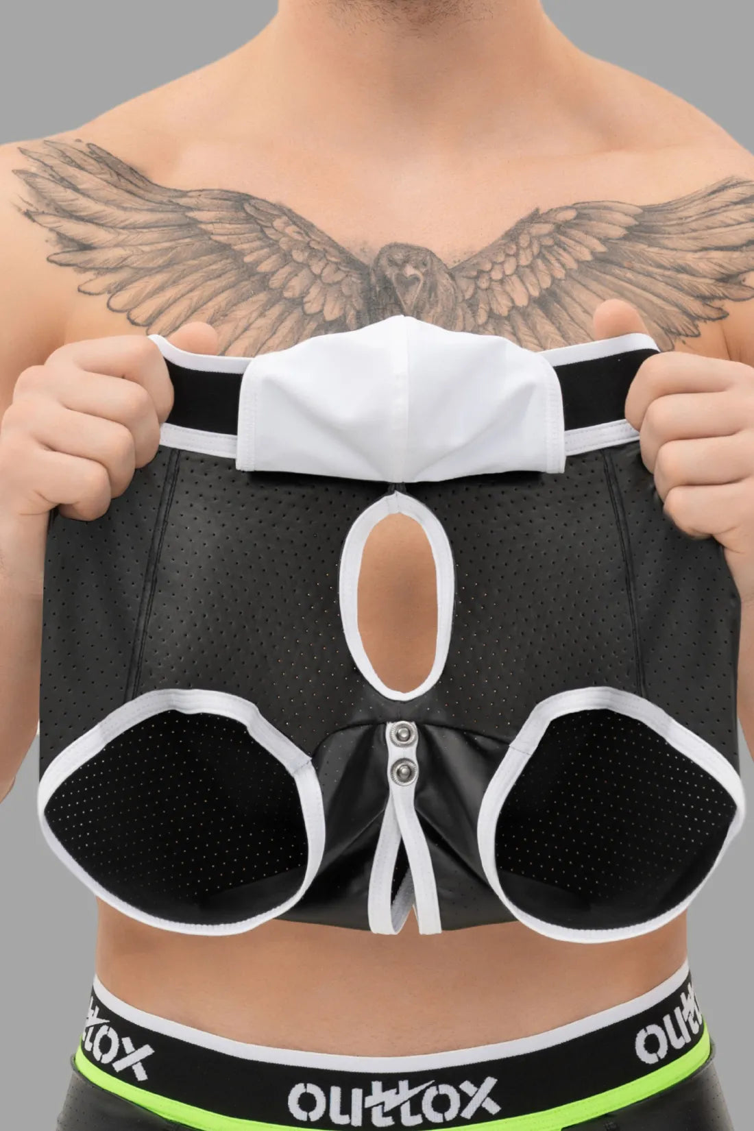 Outtox. Wrapped Rear Trunk Shorts with Snap Codpiece. Black & White