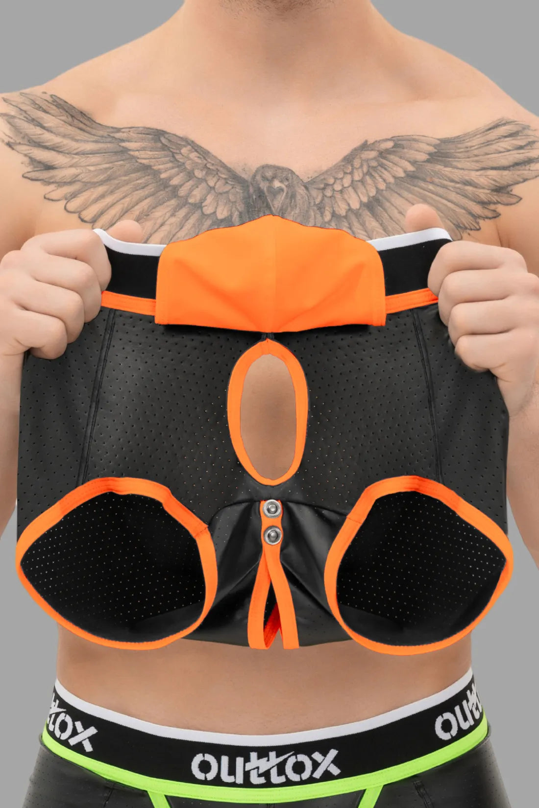 Outtox. Wrapped Rear Trunk Shorts with Snap Codpiece. Black & Orange