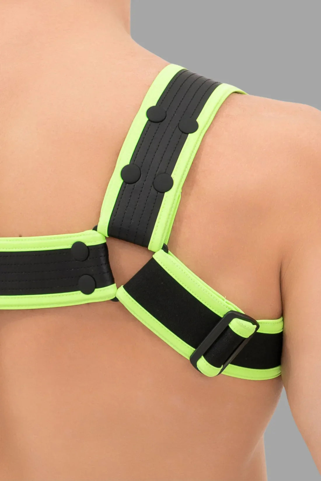 Outtox. Bulldog Harness with Snaps. Black & Green 'Neon'