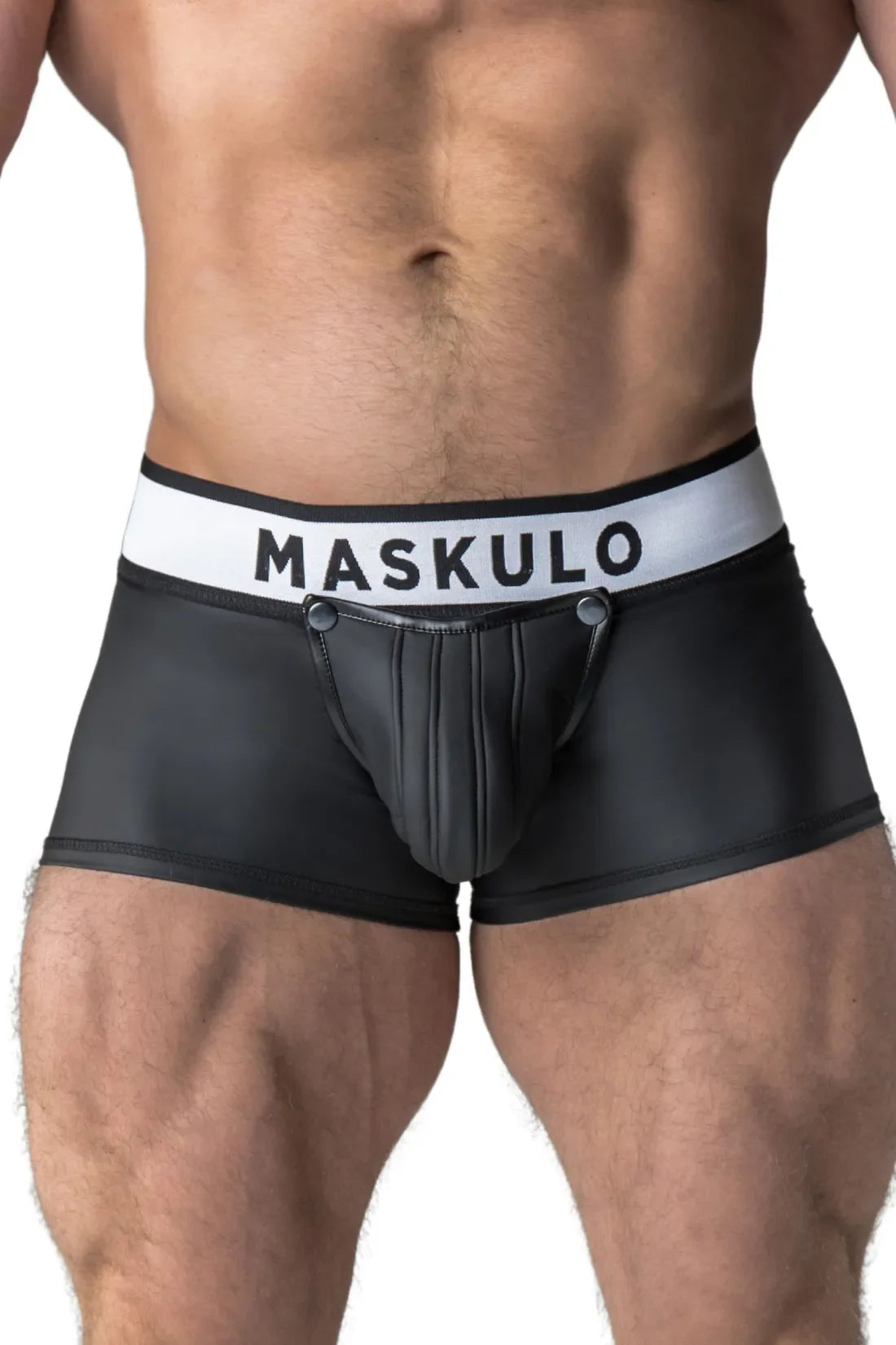 Armored. Rubber look Trunk Shorts. Detachable pouch. Zippered rear. Black