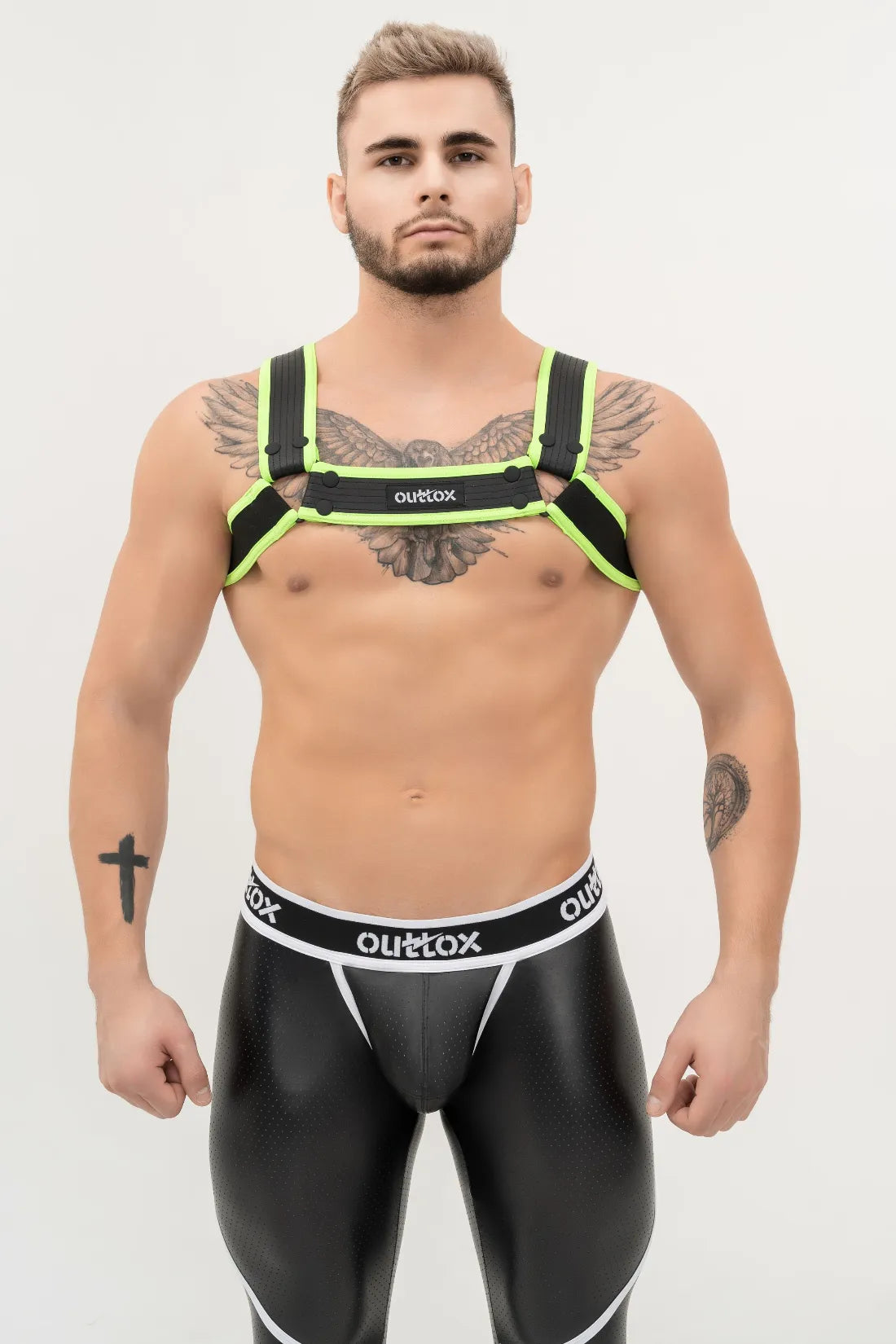 Outtox. Bulldog Harness with Snaps. Black & Green 'Neon'