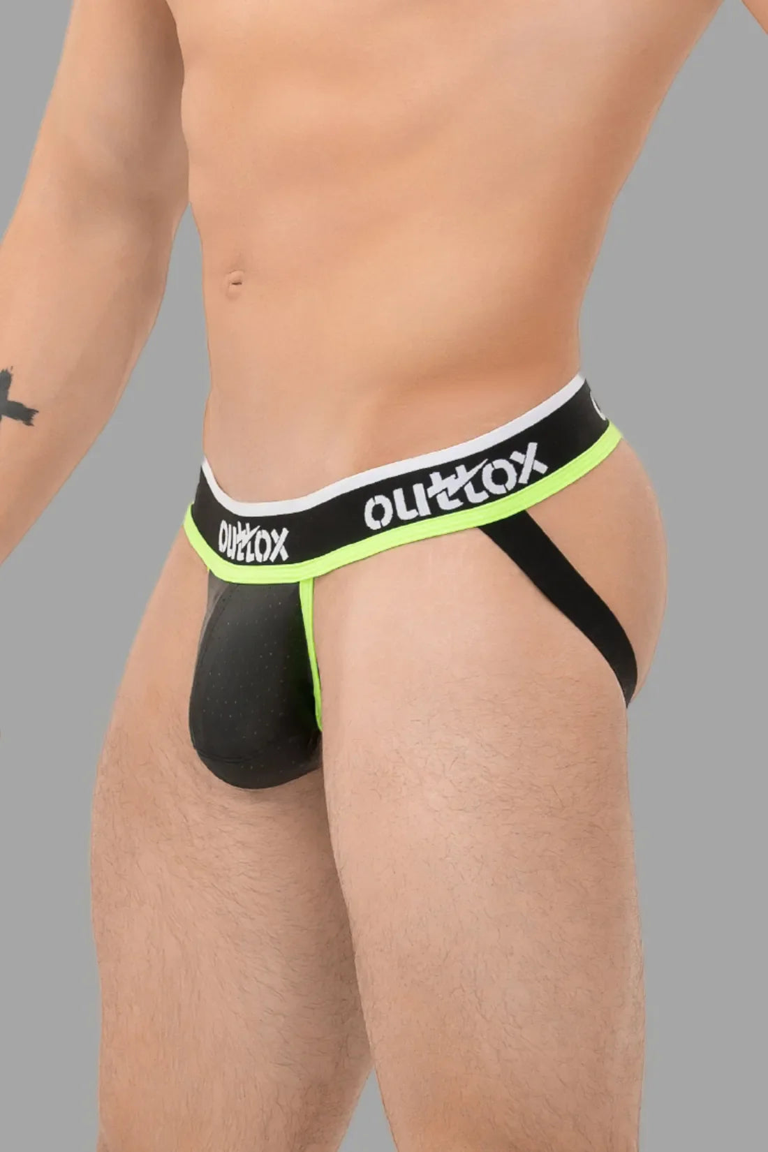 Outtox. Jock com Snap Codpiece. Preto e Verde 'Neon'