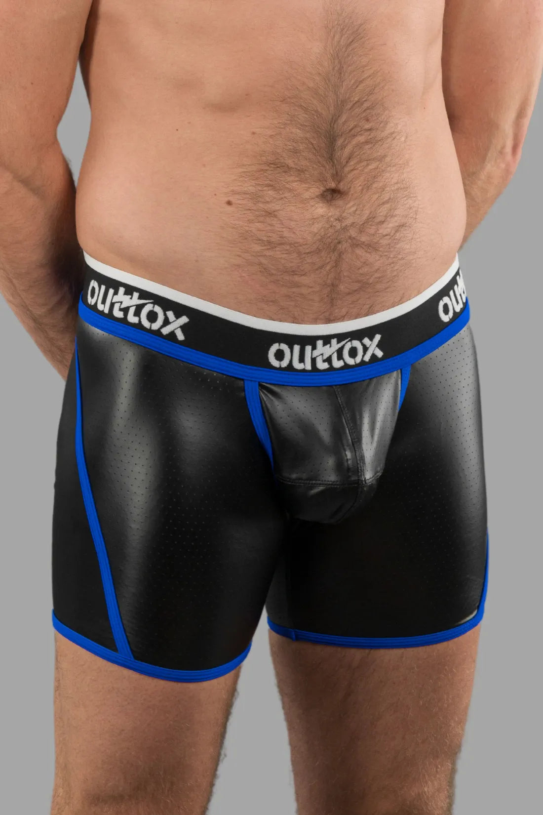 Outtox. Open Rear Shorts with Snap Codpiece. Blue